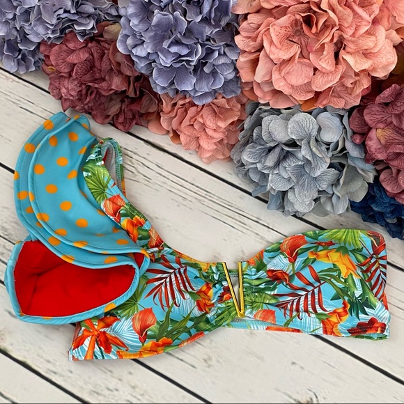 Retro Ruffled One Sleeve Tropical Bandeau High Waist Bikini - Picture 9 of 16